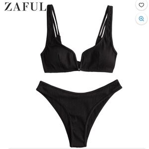 Women's Ribbed Black Bikini Set Cheeky Swimsuit Textured Two Piece NWT Size 4 S